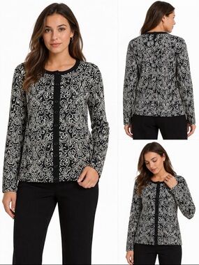 Jones New York Signature Black & Ivory Scroll Cardigan — Size L